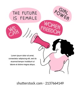 Feminist protest girl power in sisterhood arm with megaphone and quote WOMEN FREEDOM, WE CAN, GIRL POWER, THE FUTURE IS FEMALE. Vector illustration for International Women day in one line art