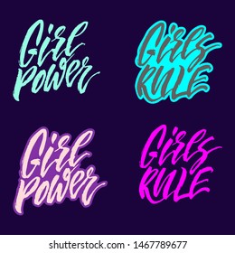 Feminist quotes: girl power, girls rule. Woman motivational slogan. Vector illustration, handwritten text.   Neon text.