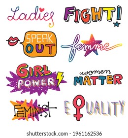Feminist Quotes Set, Call For Women Rights Stickers Pack, Sisterhood Icons, Equality Sentences Set