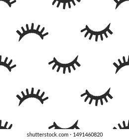 Feminist seamless with close eye lashes. Feminism pattern. Black elements on white background. Woman textile design. Female hand drawn brush graphic. Vector illustration. Girl power concept.