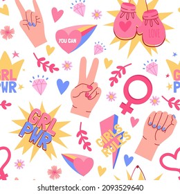 Feminist seamless pattern with female hands, fists and grl pwr slogans. Women sisterhood community power, motivation symbols vector print. Illustration of background pattern power feminism