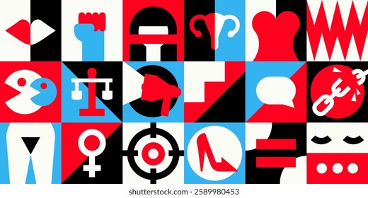 Feminist seamless pattern for International Women's day in red, pink, blue, white colors with powerful geometric symbols, icons, signs. Equality, empowerment, resistance, human rights. Bold Minimalism