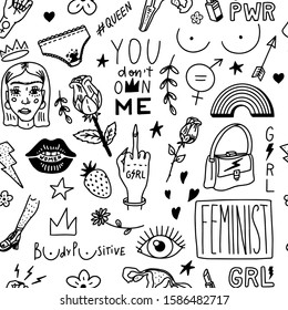 Feminist Seamless pattern in vintage style. Girl power and body positive concept. Stickers for posters and cards. Slogans and gestures, hairy legs, cervix. Collection doodle icons. Hand drawn sketch.