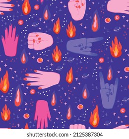 Feminist seamless pattern for Women's day with colorful hands and flames pattern, rebel girly and cute vibes, girl power