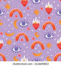 Feminist seamless pattern for Women's day with rainbows, moon and stars elements, eyes and flaming hearts, girly and cute vibes