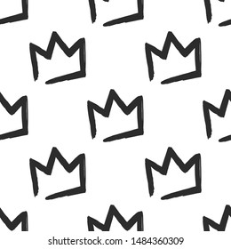 Feminist seamless with simple crown. Feminism pattern. Black elements on white background. Woman textile design. Female hand drawn brush graphic. Vector illustration. Girl power concept.