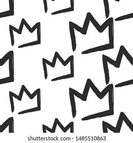 Feminist seamless with simple crown. Feminism pattern. Black elements on white background. Woman textile design. Female hand drawn brush graphic. Vector illustration. Girl power concept.