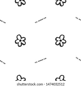 Feminist seamless with yes woman can text and simple flower. Feminism pattern. Black elements on white background. Woman textile design. Female hand drawn brush graphic. Girl power concept.