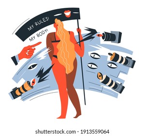 Feminist slogan against body shaming. Pointing fingers and seeing eyes, discrimination for women. Fighting for solidarity, empowerment and positive attitude for females. Vector in flat style