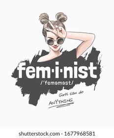 feministischer Slogan mit Mädchen in Sonnenbrillen auf schwarzem Pinselhintergrund 