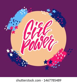 Feminist slogan, phrase or quote: girl power. Woman motivational slogan. Vector illustration, handwritten text with stars and points.  