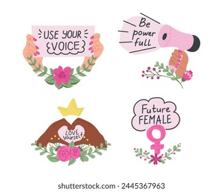 Consignas feministas con colección de manos. Composiciones en estilo simple con frases escritas a mano - estampados elegantes para carteles o camisetas - citas de feminismo y eslóganes motivacionales femeninos