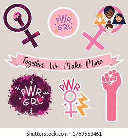 feminist stickers set: femenis symbol, power girl, hand up, together we make more.