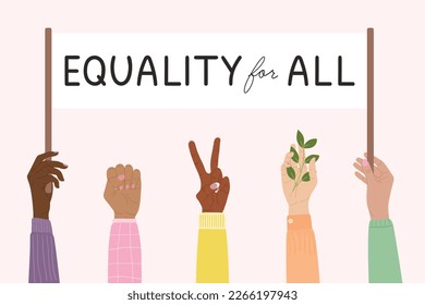 Feminist strike. Hands of diverse woman hold banners with woman empowerment short quotes. Girl power, fight for gender equality, feminism and sisterhood concept. Hand drawn vector illustration.