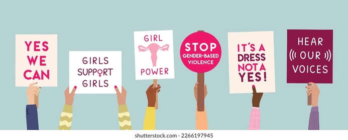 Feminist strike. Hands of diverse woman hold banners with woman empowerment short quotes. Female protest, fight for gender equality, feminism and sisterhood concept. Hand drawn vector illustration.