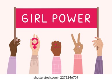 Feminist strike. Hands of diverse woman hold banners with woman empowerment short quotes. Girl power, fight for gender equality, feminism and sisterhood concept. Hand drawn vector illustration.