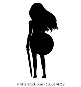 Feminist symbol girl silhouette black color. Beautiful girl standing with flying hair, holding sword and shield, hero warrior woman character, for feminism banner, poster, placard, or fantasy project.