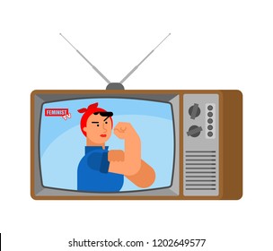 Feminist TV news old television. Woman broadcasting journalist. Female Anchorman in tv studio. Live broadcasting. 