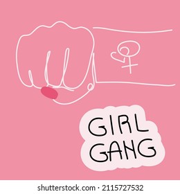 Feminist vector with girl power fist  and lettering GIRL GANG. Women freedom and unite in one line art  for International Women day