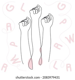 Feminist vector girl power symbol with femail fist and GIRL POWER letters. Illustration continuous  line art
