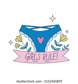 Feminist vector sticker Girls Rule. Female movement badge with inspirational quote. Women empowerment concept illustration.