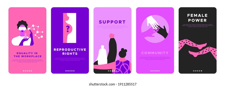 Feminist vertical banner template set for women rights or international social issues event on March 8. Pink flat illustration of girl friends together, diverse hands, scientist worker and more.