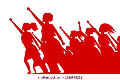 Feminist woman activist leading a crowd of people struggles for rights vector illustration isolated, social justice warriors, girl power.