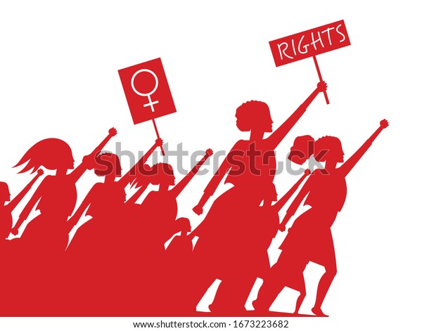 Feminist woman activist leading a crowd of people\
struggles for rights vector illustration isolated, social justice\
warriors, girl power.