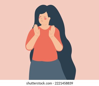 Feminist woman expressing refusal gesture with her hands. Activist Female expresses disagreement and protest. Concept of Body language and nonverbal communication of NO, STOP and ENOUGH. Vector stock.