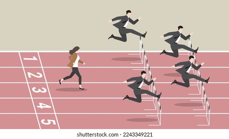 Feminist, Woman power, Ambition lady and Competition of businesswoman with a group of businessmen team run in a race track. Concept of a CEO female, The loser is slower and keeps up with competitors. - Shutterstock ID 2243349221