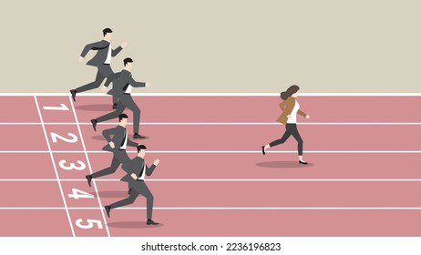 Feminist, Woman power, Powerful lady and Business competition of businesswoman overcome businessman run in a race track. Concept of CEO female leadership,  success, working woman, leader in business.