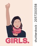 Feminist woman raised up clenched fist. Feminism concept design with girl power symbol. Flat vector illustration for International Women's day