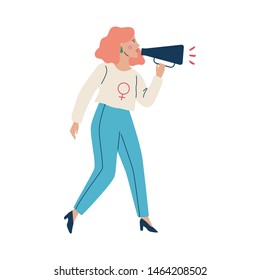 Feminist woman shouting through loudspeaker. Strong female character against discrimination. Isolated vector illustration in flat style