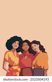 Feminist women of different appearance and culture stand together, banner space for text for advertising, website. Women's day. Vector concept of movement for gender equality and women's empowerment