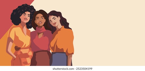 Feminist women of different appearance and culture stand together. Women's day. Banner space for text for advertising, website. Vector concept of movement for gender equality and women's empowerment