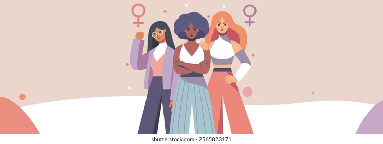 Feminist women of different skin colors stand together in protest. Equality day, women's day. Movements for gender equality and women's empowerment, illustration with space for text in soft pastel col