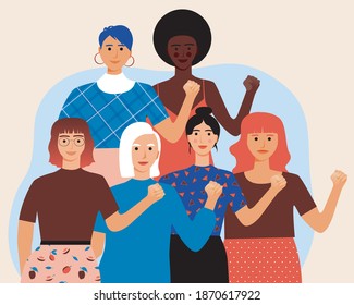 Feminist women isolated. Feminist flat vector stock illustration. Feminism concept, March 8, different women. Woman and fist.  Feminism of different ages, old, adult, young women