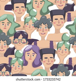 Feminist women pattern. Cute fashion seamless texture. International sisterhood art. Empowered woman. Female faces. Girl power. Women day. Vector wallpaper. Multiethnic power girls. Colorful character