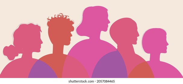 Feminist women. Silhouette vector stock illustration. Women together. Different ethnic group, Islamic person. Power of women. A group of feminist people for March 8th. Color illustration