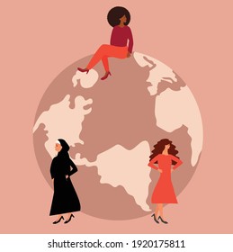 Feminist women from various nationalities and cultures sit on the world globe and look confident. Activist females around the world. Woman's empowerment movement, gender equality or earth day concept.