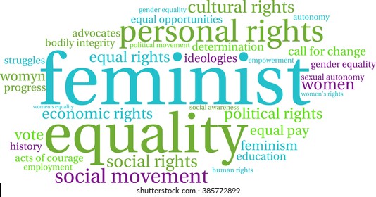 Feminist word cloud on a white background. 