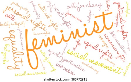 Feminist word cloud on a white background. 