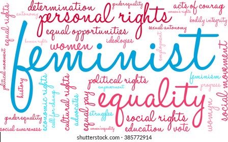 Feminist word cloud on a white background. 