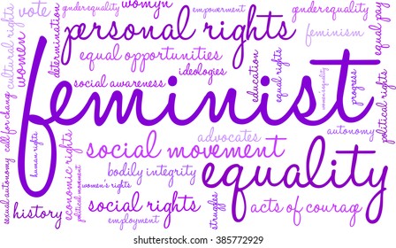 Feminist word cloud on a white background. 
