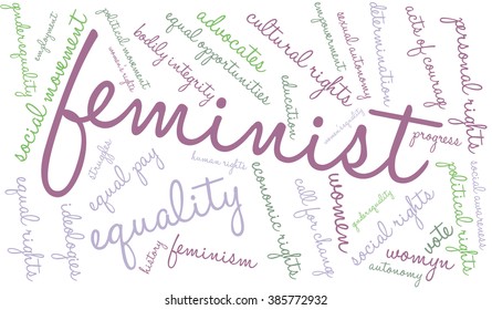 Feminist word cloud on a white background. 