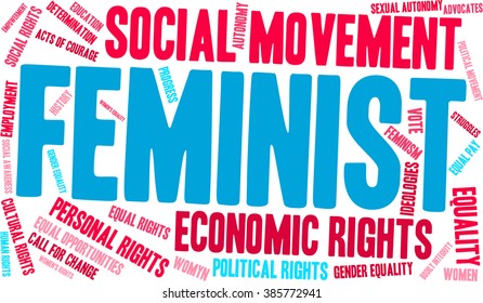 Feminist word cloud on a white background. 