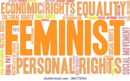 Feminist word cloud on a white background. 