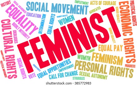Feminist word cloud on a white background. 