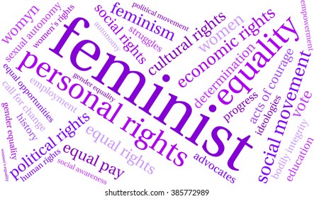 Feminist word cloud on a white background. 