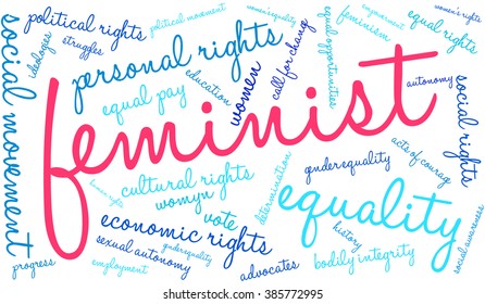 Feminist word cloud on a white background. 
